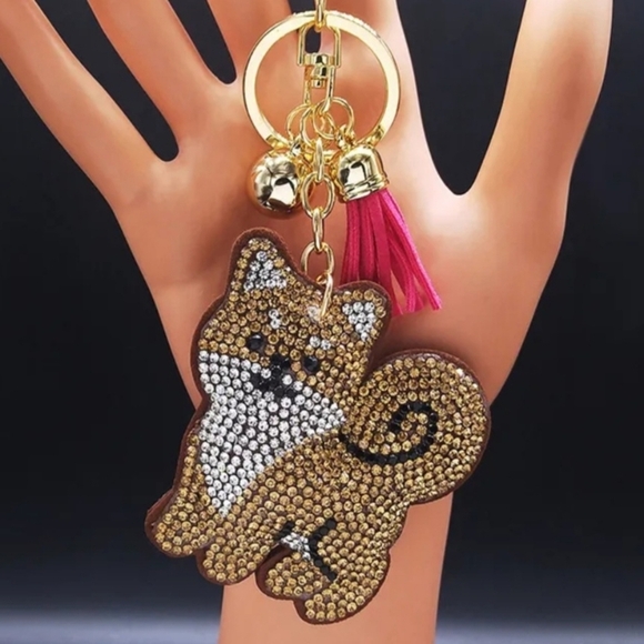 Bling Shibu Dog Crystal Rhinestone Keychain Bag Charm With Pink Tassel - Picture 1 of 14